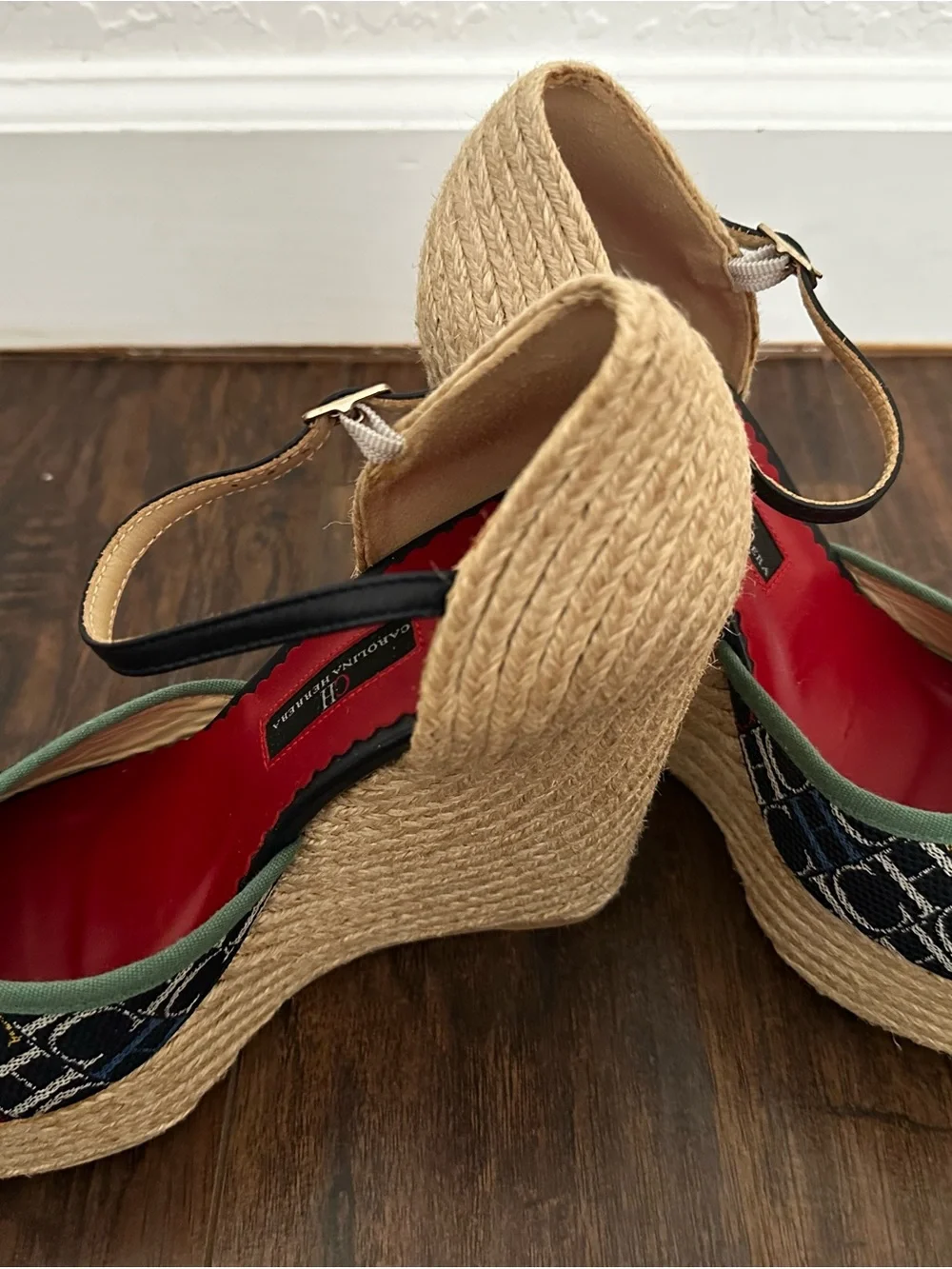 Carolina Herrera Multicolor Logo Espadrille Wedges with Red Insoles size 7